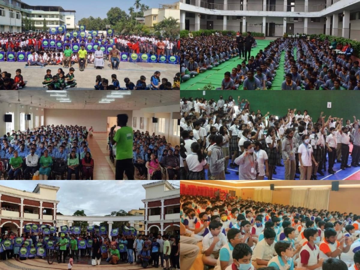 Six photographs of Save Soil awareness events led by Sahil Jha, each with hundreds of school and college students, some holding Save Soil placards